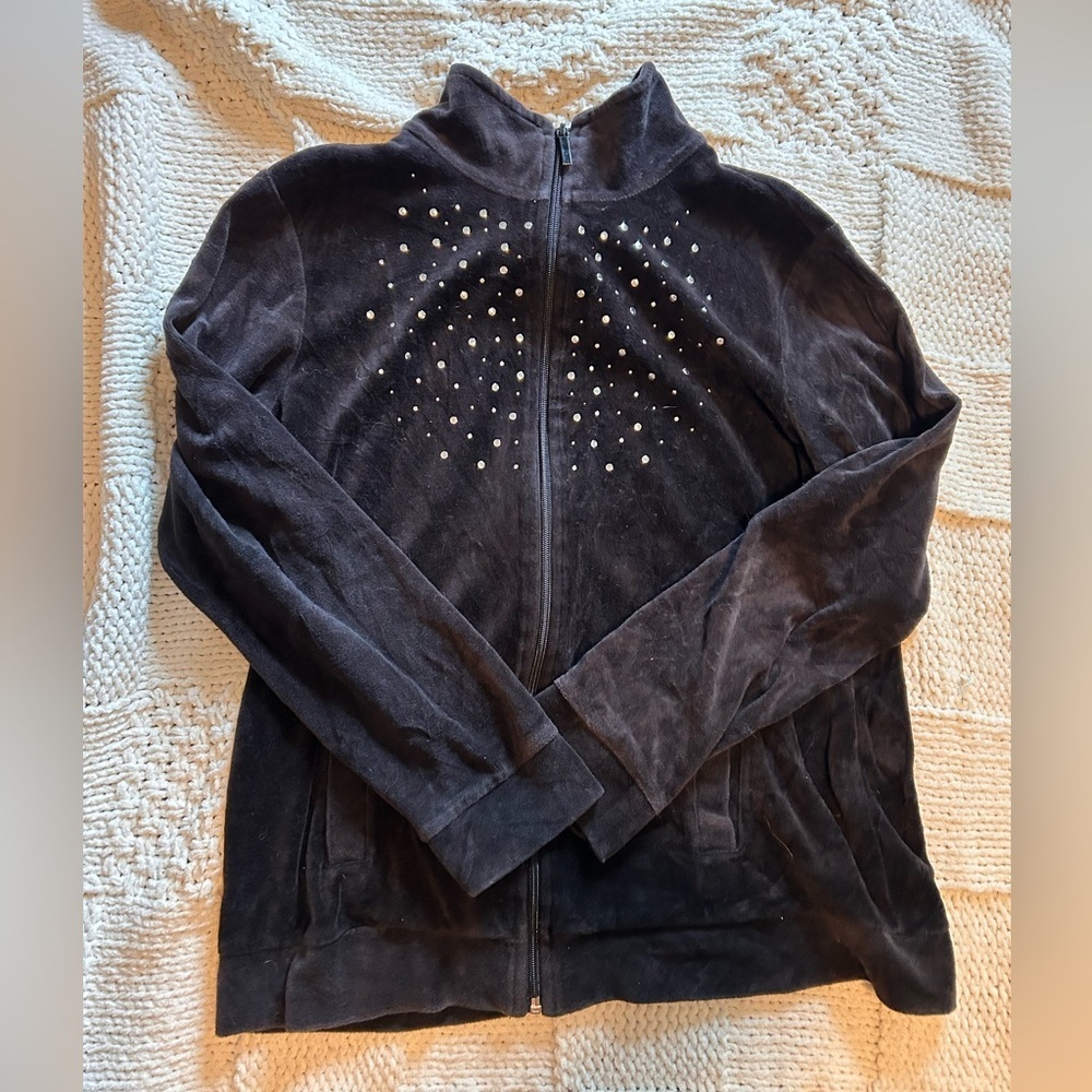 Basic Editions Black Rhinestone Velour Zip Up Jacket